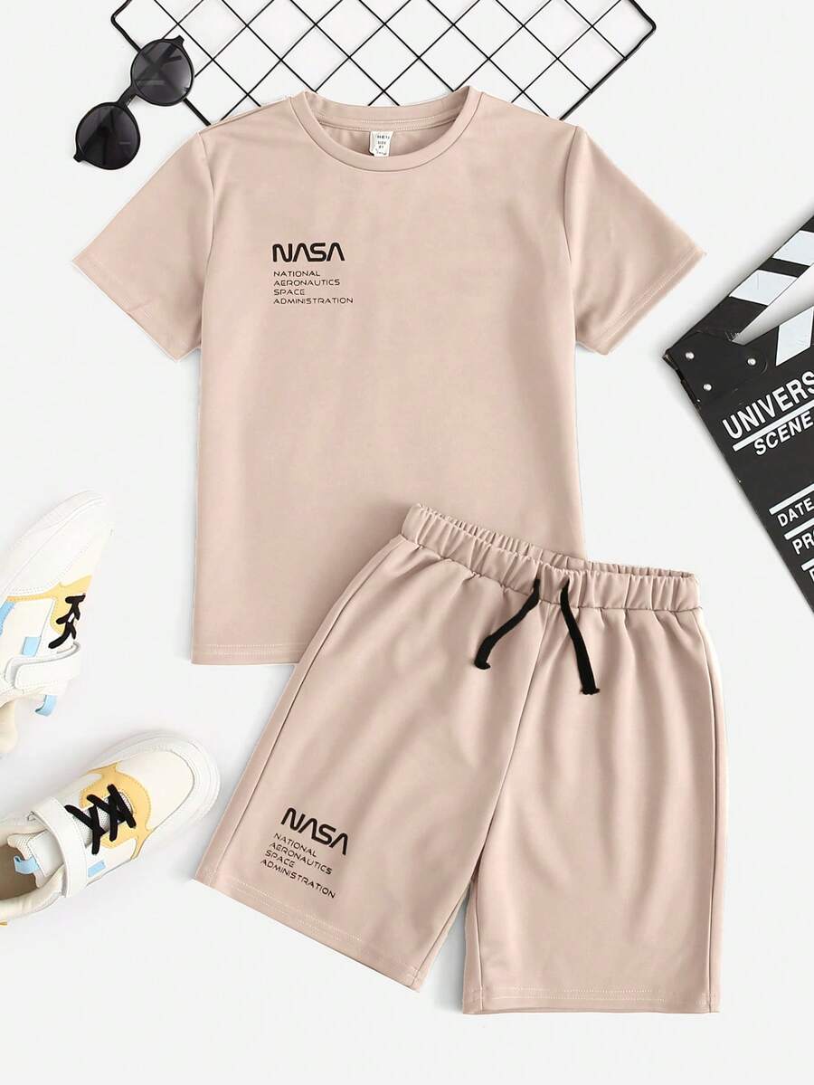 SHEIN Tween Boy Colorblock Print Crew Neck Short Sleeve T-Shirt And Shorts Set - Khaki - View 1