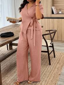 Weeklong Plus Size Casual Tie-Up Wrap Shirt And Pants 2 Pieces Set - Dusty Pink - View 4