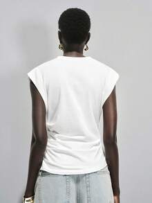 Lumivelle Women's Spring/Summer New Pure Cotton Round Neck Ruched Casual/Work T-Shirt, White - White - View 4