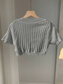 SHEIN EZwear Áo khoác cardigan dệt kim tay ngắn màu xám dễ thương, kiểu dáng thường ngày dành cho nữ, thích hợp cho mùa xuân/hè. - Xám - Xem 2