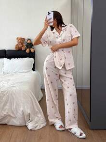 Napfluff 泡泡褶皱卡通熊领短袖睡衣套装 - 杏色 - 查看 4