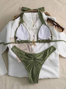 Swim Chiccia 女士两件套浪漫复古性感优雅挂脖褶皱设计咖啡棕色沙滩比基尼套装 - 橄欖綠 - 查看 2