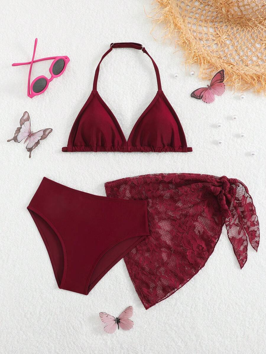 SHEIN Cute Girls' Ditsy Floral Triangle Bikini Set (Print Randomly) - Burgundy - View 1