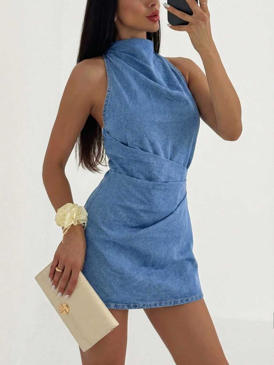 Aloruh Women's Pleated Fashion Halter Denim Dress - Blue - View 1