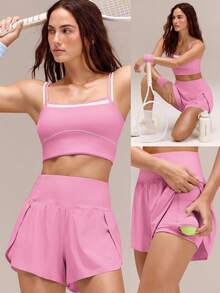 GLOWMODE 3" VitalSwift Quick-Dry High Slit Adjustable Drawstring Waist Shorts With Built-In Shorts Side Pockets Non-Slip Grips Running Gym Workout - Pink - View 8