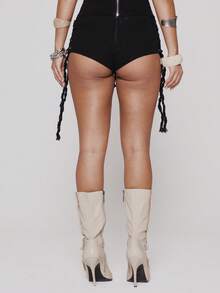 MUSERA 低腰拉链前系带修身超短裤热裤春夏节日性感伊比沙岛度假假日Y2K牛仔女郎解构主义牛仔 - 黑色 - 查看 4