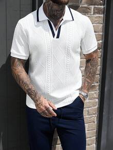 Manfinity CasualCool 男士舒适提花面料 Polo 衫搭配纯色弹力腰抽绳长裤套装，采用舒适的平针织袖口和领口设计，适合正式或休闲场合，如度假、用餐、办公等，风格百搭休闲，自穿或送礼皆宜。 - 彩色 - 查看 5