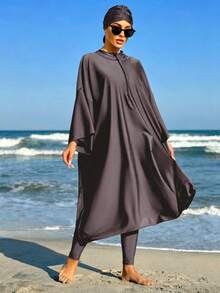 Swim Mulvari 女士宽松纯色蝙蝠袖连体泳衣，带防晒功能，夏季 - 藕粉色 - 查看 4