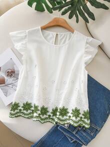 CosyJoli Plus Size Women's Comfortable Flared Sleeve Embroidered Hem Blouse, White Casual Shirt For Commuting, Dating, Vacation, Spring/Summer New Arrival - Green - View 3