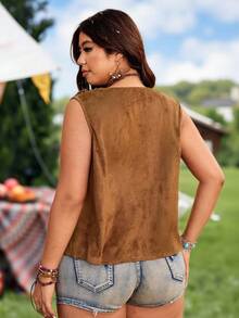Ceyna Plus Size Women's Casual Vacation Nomadic Vintage Solid Color Suede Fleece Sleeveless Tank Top, Spring/Summer Earthy Clothes Women Cowgirl Vest Brown Cover Up Brown Cardigan Brown Vest Cowgirl Vest For Women Western Vest For Women Women's Western Outfits Boho Chic Women's Clothing Boho Outfits For Women - Camel - View 2