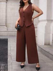SHEIN MOOSTA Set de 2 piezas talla grande: Chaleco + Pantalones - Café integral - Ver 3