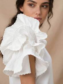 Anewsta Women's Spring Round Neck Petal Sleeve Ruffle Trim Splice Short Sleeve Casual T-Shirt - White - View 1