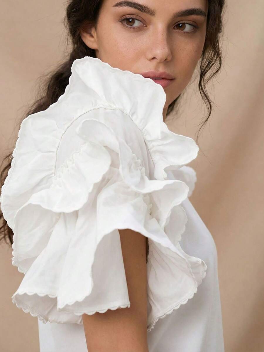 Anewsta Women's Spring Round Neck Petal Sleeve Ruffle Trim Splice Short Sleeve Casual T-Shirt - White - View 1