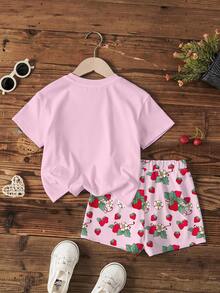 Strawberry Shortcake X SHEIN Young Girl Strawberry Print Round Neck Short Sleeve T-Shirt And Shorts Casual Set - White - View 2
