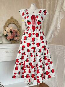 Sweetra Đầm cỡ lớn cổ đính kim cương, in hình dâu tây, eo thắt, dáng chữ A, tay ngắn, phối nhiều mảnh vải. - Nhiều màu - Xem 1