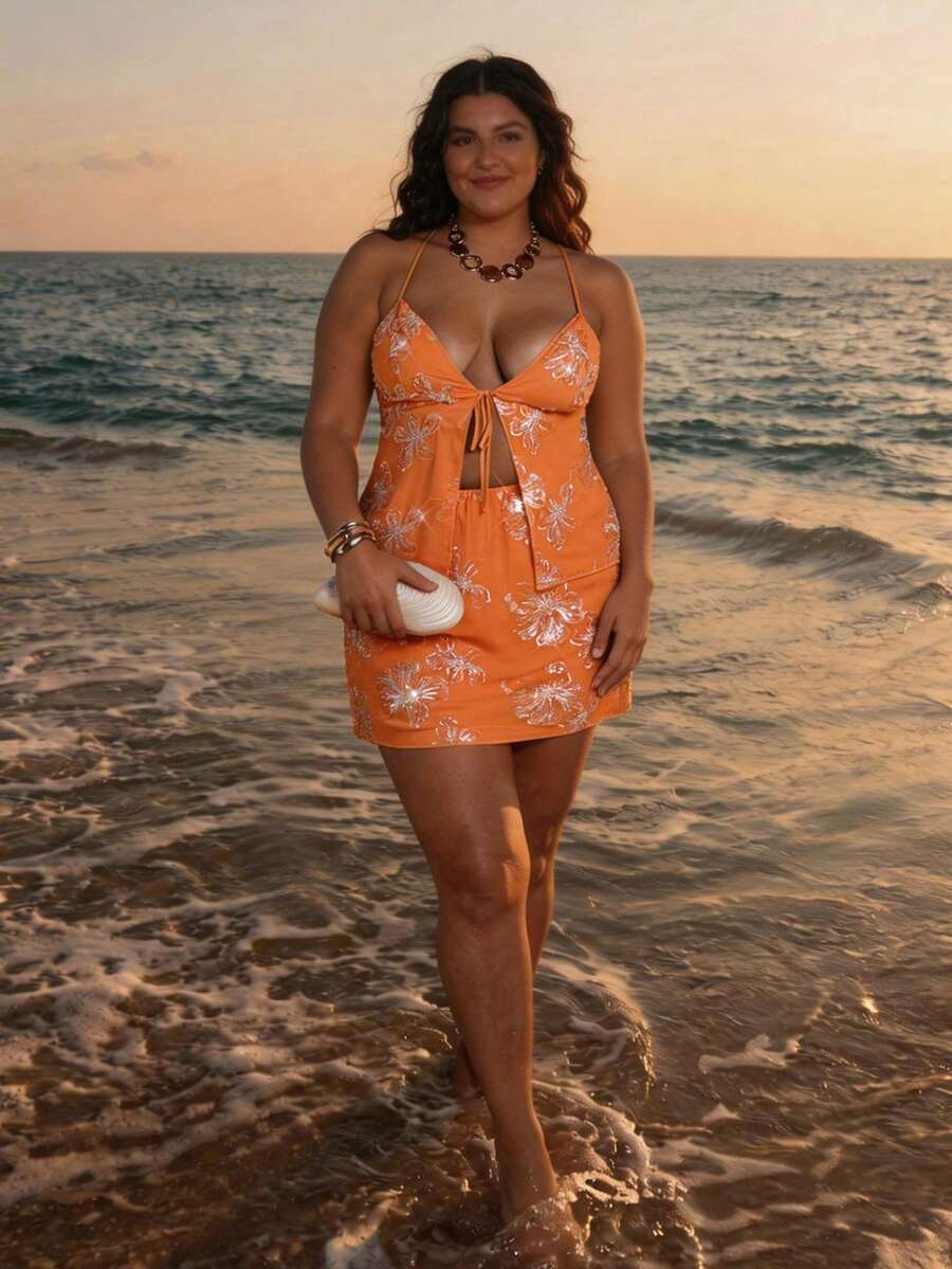 SHEIN BAE Plus Size Women's Orange Top,Floral Print Knotted Camisole,Sequin Shiny Blouse,Summer Beach Vacation Holiday Outfits,Curve Elegant Party Wear