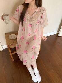 DAZY Floral Print Lace Ruffle Trim Sweet Women Nightgown - Dusty Pink - View 9