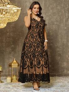 SHEIN Elenzya 大码春夏法式优雅休闲通勤度假蕾丝撞色吊带A字长裙 - 棕色 - 查看 7