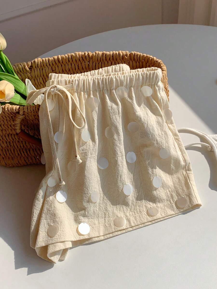 Comfortcana 女士夏季休闲棉麻亮片装饰短裤 - 杏色 - 查看 1