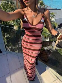 Aloruh 女士春夏新款针织钩编连衣裙，露背交叉条纹波西米亚风度假连衣裙，优雅女士连衣裙 - 咖啡棕 - 查看 7