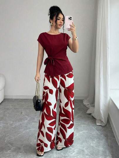 Elenzga Áo kiểu nữ thanh lịch không tay xếp ly thắt eo + Quần ống rộng nữ duyên dáng họa tiết lá cây có túi, màu đỏ rượu vang, thích hợp cho công sở mùa xuân/hè.
