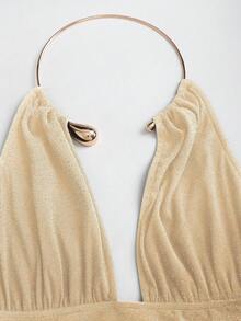 Sweetra Áo hai dây choker xếp ly, bóng bẩy, khoét sâu lưng, gợi cảm dành cho nữ, kiểu dáng thời trang, tôn dáng, thích hợp cho tiệc tùng, mùa xuân/hè. - Màu be - Xem 6