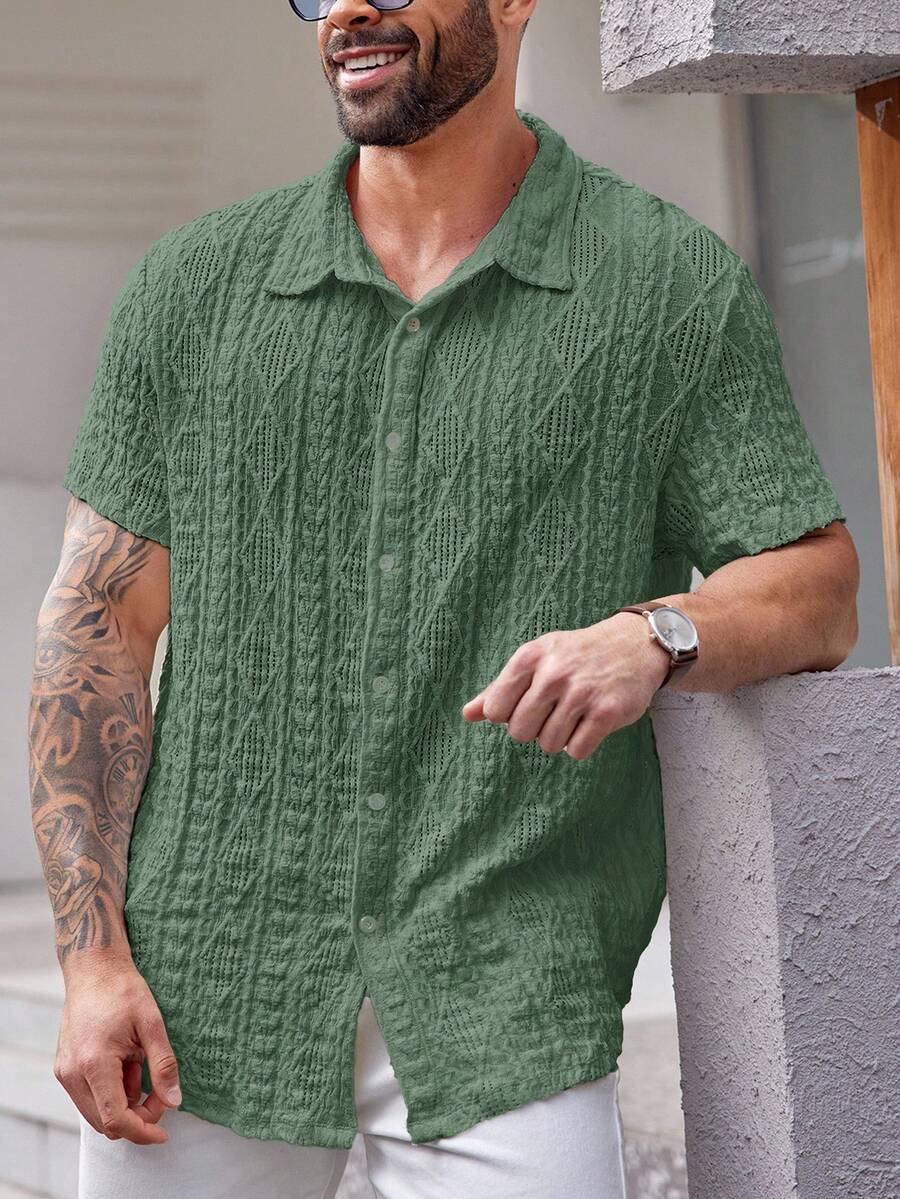 EASEVO Plus Size Knit Casual Short Sleeve Shirt - Green - View 1