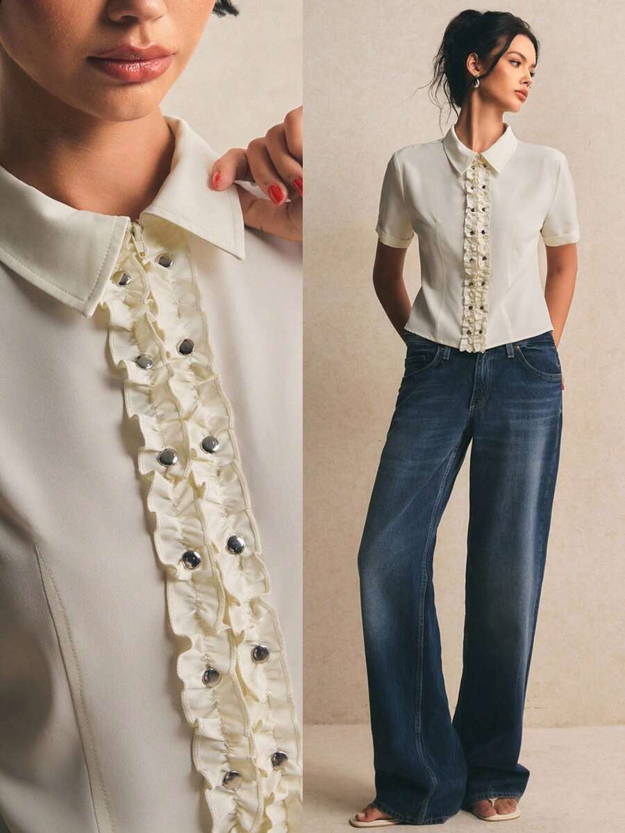Poéselle 女士纯色短袖荷叶边优雅衬衫