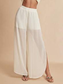 Silquee Women's Cream White Wide-Leg Pants,Stretch Waist Flowy Casual Summer Euro Beach Holiday Vacation Sets,Elegant Solid Color Two-Piece Pants For Spring - Apricot - View 6