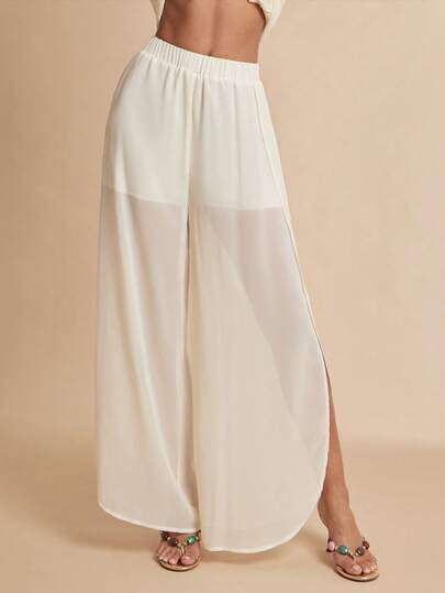 Silquee These Women's Ivory White Solid Color Stretch Waist Wide-Leg Pants Are Flowy, Casual, And Versatile, Perfect For Everyday Wear And An Ideal Choice For Spring And Summer, Especially For A Relaxing Beach Vacation. Elegant And Stylish, They Are The Perfect Companion For A Carefree Beach Trip. Suitable For Beach Vacations, Romantic Dates, Beach Vacation Sets, And Two-Piece Vacation Sets.