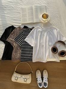 Comfortcana 4pcs/Set Plus Size Casual Solid Leopard Striped T-Shirts Spring/Summer Gym Brown - Multicolor - View 5