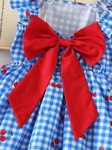 SHEIN Elladie kids 小女孩甜美可爱沙滩度假夏季短袖蝴蝶结装饰连衣裙，适合日常和假日穿着 - 藍色 - 查看 4