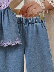 SHEIN Countryside Style Peter Pan Collar Girls' Outfit, Baby Girl Fashion Embroidered Hem Sleeveless Top And Long Pants 2-Piece Set - Mauve Purple - View 6