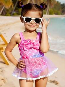 Baby Girl Cute Fish Scale Print Contrast Mesh Ruffle Trim One-Piece Swimsuit - Pink - View 4
