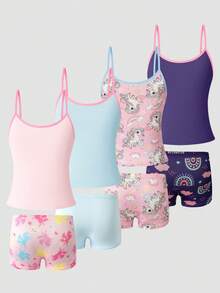 SHEIN 这款8件套大童休闲趣味内衣套装，采用粉色、浅蓝色和藏蓝色马卡龙色调，饰以色彩缤纷的独角兽和彩虹卡通印花。轻盈柔软的针织面料，包括印花上衣和舒适的平角内裤，均采用亲肤光滑的材质制成。是夏季日常休闲活动的理想卡通图案服装。 - 彩色 - 查看 2