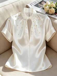 Franclia Blusa de manga corta de unicolor y elegante con botones de perla decorados para mujer - Blanco - Ver 3