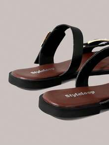 Styleloop Sandal đế bằng nữ, có khóa cài, viền trang trí. - màu đen - Xem 4