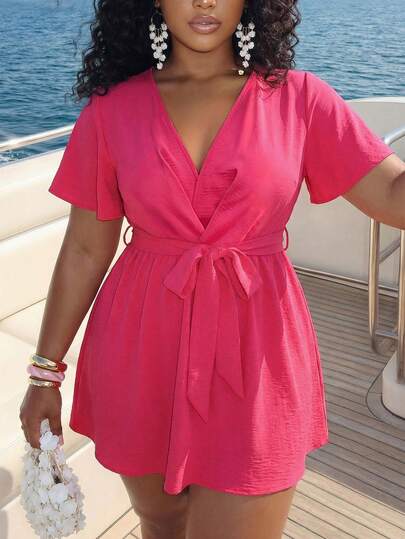 Slaydiva 2026 Spring/Summer Elegant Commute & Casual, Birthday Party, Graduation Season, Student Wear, Daily Outing, Basic Versatile, Leisure, Vacation, Early Spring New Arrival, Spring/Summer Music Festival, Valentine's Day, Easter, Wedding Season, Holiday Season, Beach Vacation, Casual, Elegant, Commute, Daily Wear, Work Attire, Vacation, Party, Cruise, Gathering, Basic, Daily Date, Viral Hit, Business Casual Pink V-Neck Mini Dress For Women With Self-Tie Elasticated Waist And Short Flutter Sleeves
