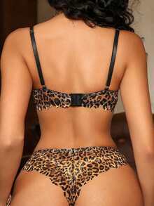 Bare Chapter 2 piezas Conjunto de sujetador y panty con estampado de leopardo y encaje (con aros, tanga) para mujeres - Multicolor - Ver 2