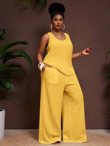 Slaydiva Mustard Yellow Summer Smart Casual Vacation Plus Size Women's 2-Piece Set,Loose Textured U-Neck Sleeveless Tank Top & Elastic Waist Palazzo Pants - Yellow - View 6