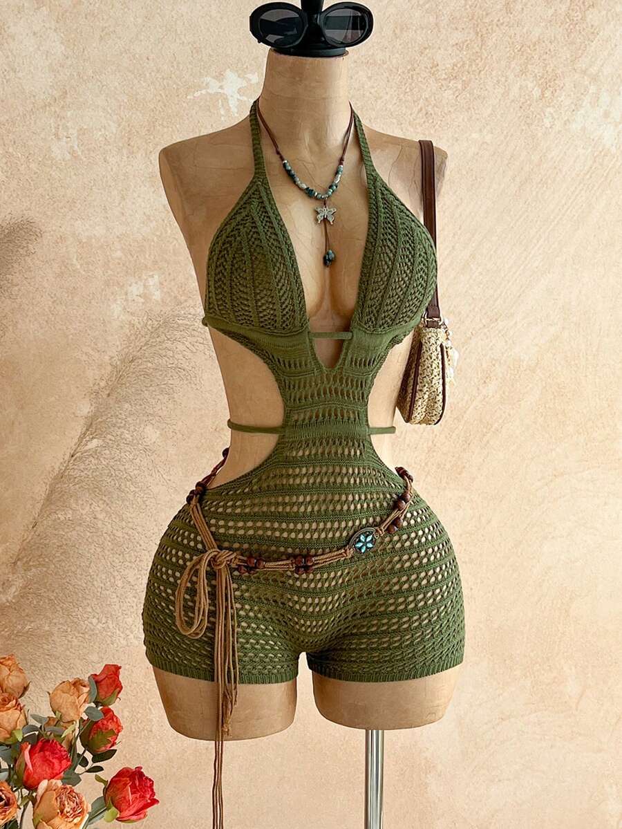 Soleia Bộ áo liền quần dệt kim hở lưng cổ yếm khoét lỗ dành cho nữ, thích hợp đi biển/nghỉ mát. - Màu xanh lá cây đậm - Xem 1