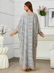 Al Najma Romantic Elegant Square Neck Embroidered Dress, Spring/Summer Kaftan Jalabiya Dress - Multicolor - View 3