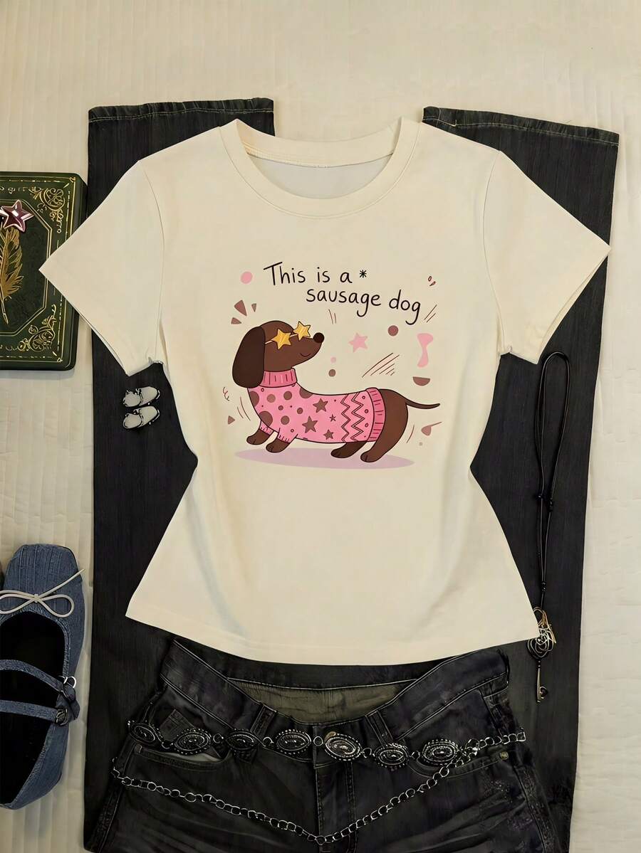 BM Style Fitted Knit Crew Neck Short Sleeve Crop Top, Puppy Print, Tight Fit Tee For Young Women, Suitable For Spring/Summer Paired With Jeans - Hot Pink - View 1