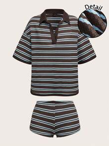 SHEIN ICON 两件套休闲简约风蓝紫色撞色华夫格条纹Polo领宽松T恤和配套短裤，适合春夏、学院风、运动季穿着。 - 彩色 - 查看 1