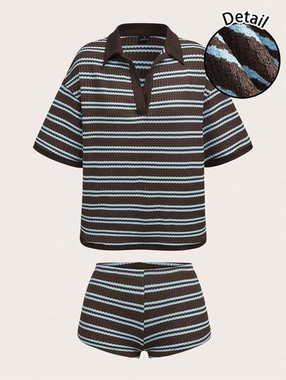 SHEIN ICON 2pcs/Set Casual Minimalist Style Blue & Purple Contrast Waffle Stripe Polo Collar Loose T-Shirt And Matching Shorts, Suitable For Spring/Summer, College Style, Sports Season