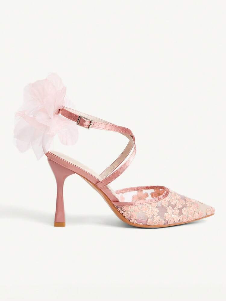 CUCCOO CHICEST Women Shoes Autumn New Mesh Yarn Strap Flower High Heels Pointed Toe Embroidered Shoes