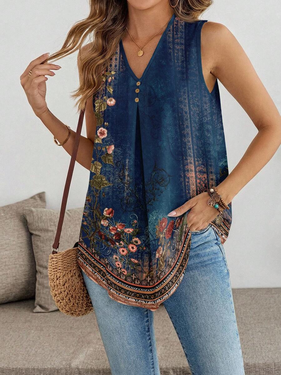 EMERY ROSE Plus Size V-Neck Sleeveless Shirt, Suitable For Summer - Blue - View 1