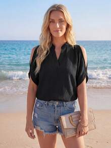 SHEIN LUNE Áo sơ mi nữ trơn, hở vai, cổ chữ V, tay ngắn, thích hợp mặc hàng ngày vào mùa xuân/hè. - màu đen - Xem 5