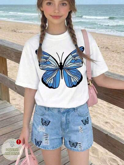 2 piezas Conjunto de top de manga corta y shorts con estampado de mariposa informal para niñas preadolescentes, adecuado para el verano