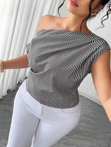 Elenzga Plus Size Women's Elegant Sexy Striped Print Short Sleeve Blouse, Suitable For Work Cocktail And Commute, Spring/Summer Black And White - Black and White - View 4
